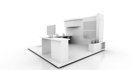 Corporate booth, isolated on white, with copy space. Original 3d rendering