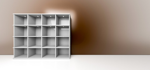 Empty bookshelf, with copy space. Original 3d rendering