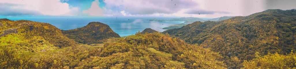 Obraz premium Panoramic aerial view of Mahe Mountains and Vegetation, Seychelles