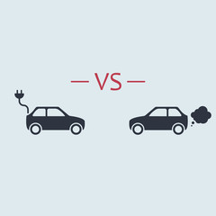 Electric car versus gasoline car. vector symbol in flat simple style