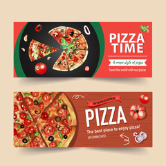 Pizza banner design with pizza, tomato, pumpkin watercolor illustration.