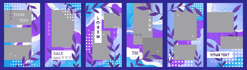 Set of stories in floral abstract style with copy space. Template social media in floral geometric style.  Vertical banner blank place in modern collage style. Vibrant blue and purple palette