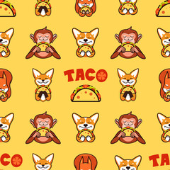 Taco seamless pattern, texture, print, surface with text. Mexican food