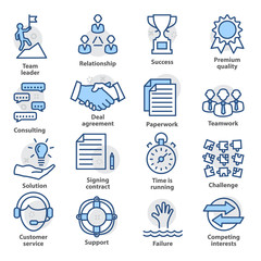 Business management icons. Set in line style for strategy, career progress and business process. Pack 10
