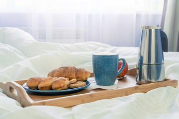 Fototapeta na wymiar Healthy breakfast served on tray in bed