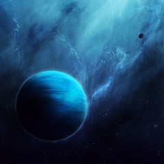 Fototapeta premium abstract space illustration, 3d image, planet in space in the blue stars, eclipse