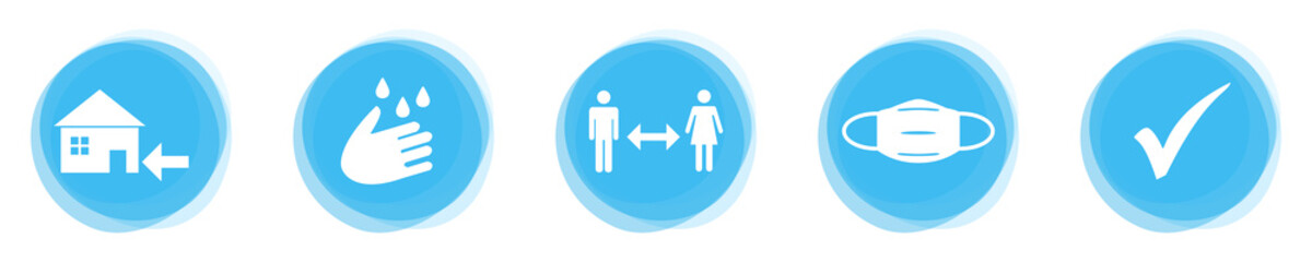 Banner zeigt: Zu Hause bleiben, Hände waschen und desinfizieren, Abstand halten und Mundschutz tragen