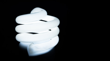 CFL energy saving spiral light bulb glowing white. Copy space on right.