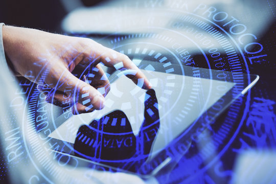 Multi exposure of man's hand holding and using a digital device and data theme drawing. Innovation concept. - Powered by Adobe