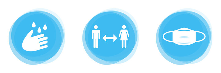 Blauer Button Banner zeigt: Hände waschen, Abstand halten und Mundschutz tragen