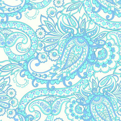 Paisley vector seamless pattern. Fantastic flower, leaves. Batik style painting. Vintage background