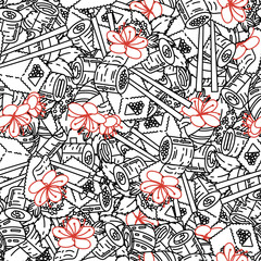 Beautiful sushi seamless pattern. Rolls with fish, chopsticks, ginger and soy sauce