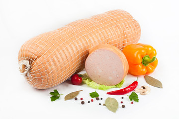 Boiled sausage in mesh with spices peppers laurel composition