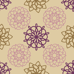 Vector purple geometrical flower mandala seamless pattern background. Perfect for fabric, wallpaper, scrapbook, packaging projects.