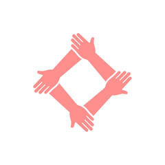 Teamwork icon. 4 hands hold on each other isolated on white background. Vector illustration