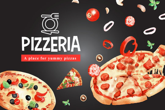 Pizza frame design with pepperoni pizza, garlic watercolor illustration.
