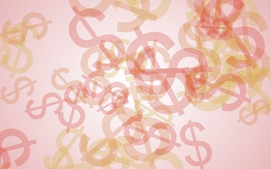 Multicolored translucent dollar signs on white background. Red tones. 3D illustration