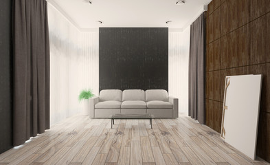living room. white leather sofa. big windows. walls made of wood panels.. 3D rendering