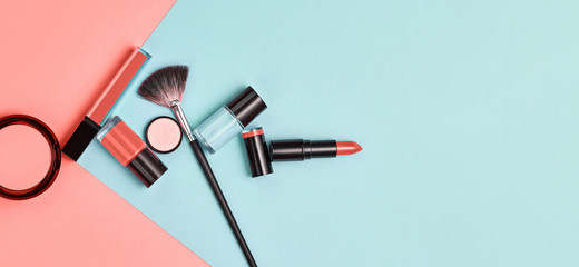 Beauty cosmetic makeup set. Fashion woman make up product, brushes, lipstick, nail polish pop art, flat lay. Creative vivid concept. Cosmetology make-up accessories banner, top view