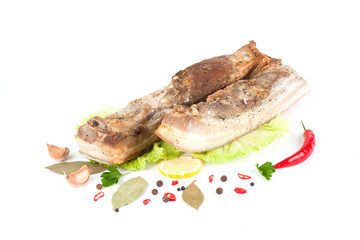 Boiled grilled smoked baked brisket meat with spices peppers laurel composition