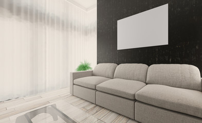 living room. white leather sofa. big windows. walls made of wood panels. Empty paintings. 3D rendering