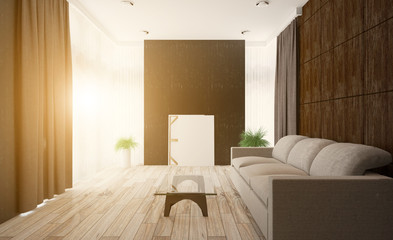 living room. white leather sofa. big windows. walls made of wood panels.. 3D rendering