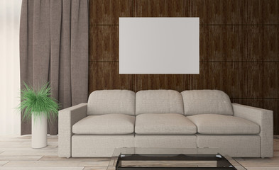 living room. white leather sofa. big windows. walls made of wood panels. Empty paintings. 3D rendering