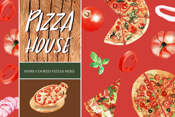 Pizza frame design with various pizza watercolor illustration.