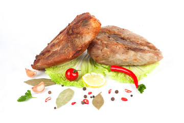 Boiled grilled smoked baked meat with spices peppers laurel composition