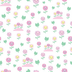 Vector pink and yellow smiling floral seamless pattern background. Perfect for fabric, wallper and packaging. projects.