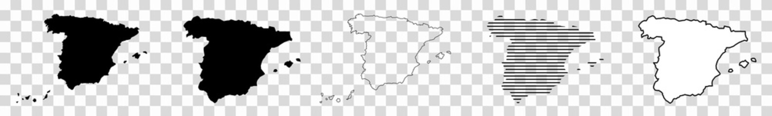 Spain Map Black | Spanish Border | State Country | Transparent Isolated | Variations - obrazy, fototapety, plakaty