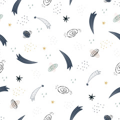 Childish seamless pattern with aliens, ufo in cosmos. Perfect for kids apparel,fabric, textile, nursery decoration,wrapping paper
