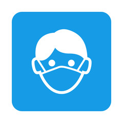 Icono plano cabeza de hombre con máscara hospital en cuadrado color azul