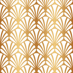 Gold shell. Seamless pattern scale. Golden fan ornate background. Elegant gold ornament. Abstract stylish floral golden motif for design textile, interior, cases, prints. Classic great style. Vector 