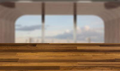 blurred interior on a wooden table background.concept of modern office interior. bent forms. walls of wood. big windows. 3D rendering.