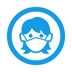 Icono plano cabeza de mujer con máscara hospital en círculo color azul