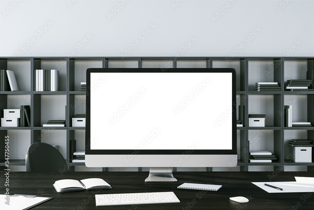 Poster Minimalistic workplace desktop with white computer screen