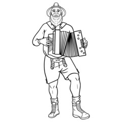 monochrome comic outline drawing of a bavarian man with lederhosen, beard and hat playing an accordion.