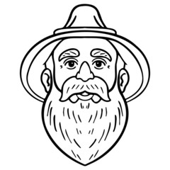 monochrome comic drawing of a bavarian man with full beard and hat. avatar, outline, vector, tradition.