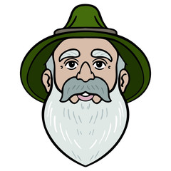 Bavarian male head with full beard and green hat. avatar, comic, illustration, isolated on white.