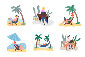 Obraz premium Set of freelance workers. Young men and women working at home and at the beach vector flat illustration.