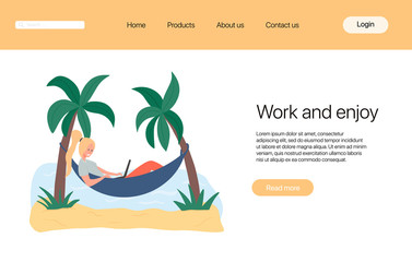 Work and enjoy landing page template. Woman lying in hammock and working on laptop.