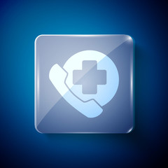 Obraz premium White Emergency phone call to hospital icon isolated on blue background. Square glass panels. Vector Illustration