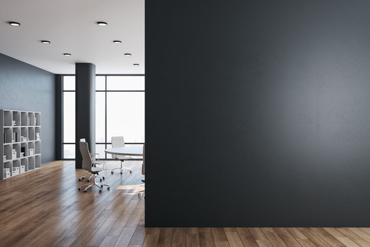 Modern meeting room with panoramic city view and  empty wall.
