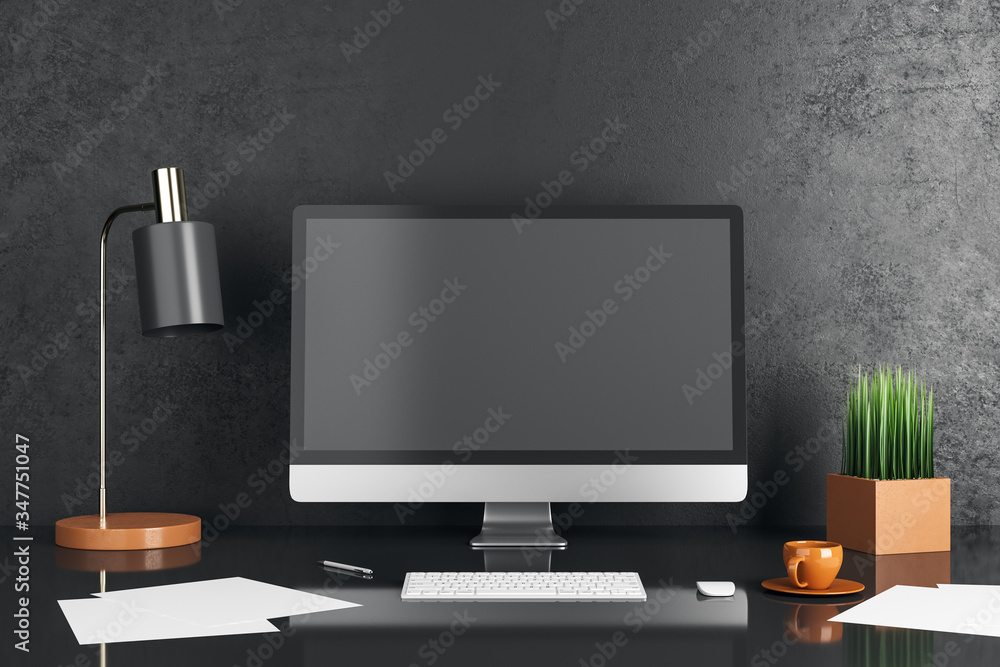 Poster contemporary designer desktop with empty black computer screen