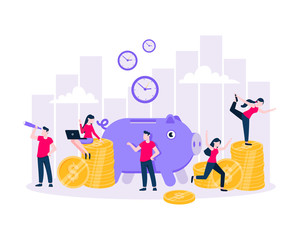 Time is money. Save time business concept flat style vector illustration isolated on white background. Financial investment and marketing planning of money growth with US coin, piggy bank and people.