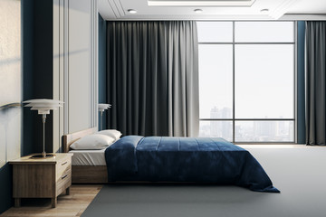 Modern bedroom interior with panoramic city view