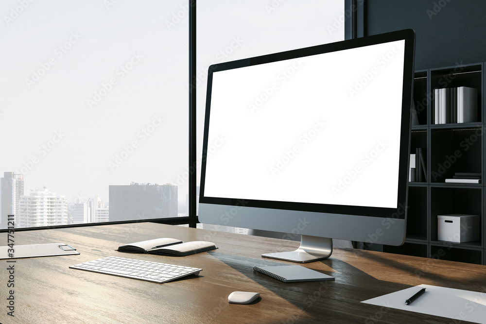 Poster creative designer workplace with empty white computer screen and city view.