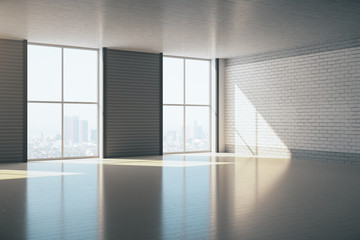 Obraz premium Minimalistic gallery with two windows and empty brick wall.