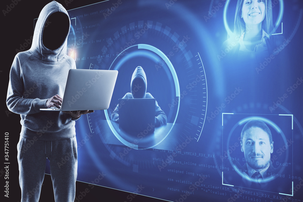 Aufkleber Hacker using laptop with abstract glowing digital interface